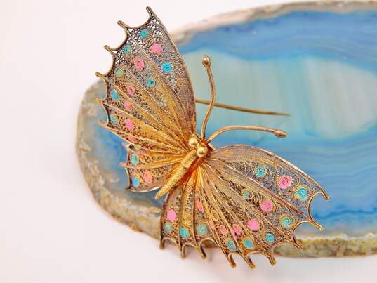 Vintage 925 Vermeil Pink & Blue Enamel Filigree Butterfly Brooch 9.3g image number 3