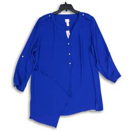 NWT Womens Blue Long Sleeve Asymmetric Hem Button Front Tunic Blouse Top Size 3