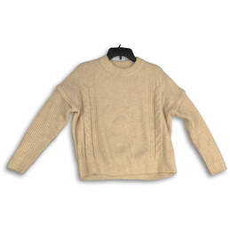 Womens Tan Knitted Crew Neck Long Sleeve Pullover Sweater Size XS