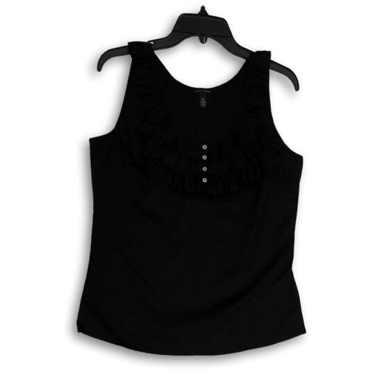 Buy the Womens Black Sleeveless Ruffle Scoop Neck Button Front