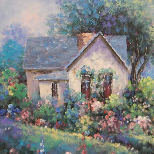 Artist H. Gailey Signed Oil Painting Floral Cottage & Stone Bridge Framed Art image number 3