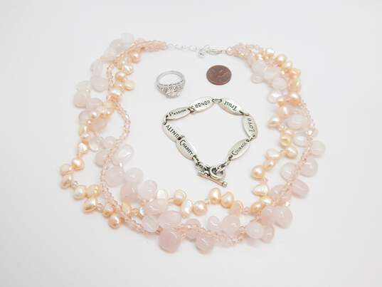 Romantic 925 Rose Quartz Pearl & Pink Crystal Bead Necklace Inspirational Bracelet & CZ Ring 136.2g image number 2