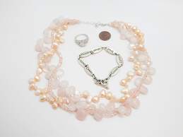 Romantic 925 Rose Quartz Pearl & Pink Crystal Bead Necklace Inspirational Bracelet & CZ Ring 136.2g alternative image