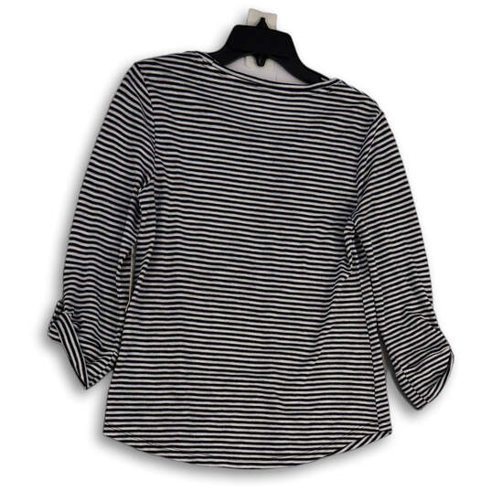 NWT Womens Black White Striped Roll Tab Sleeve Pullover Blouse Top Size 0 image number 2