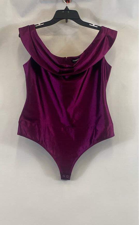 Express Women's Plum Satin Cowl Neck Bodysuit- M NWT image number 1