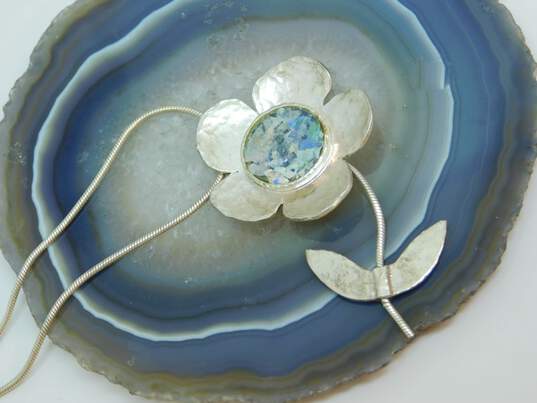 Signed SR 925 Roman Glass Flower Pendant Necklace 10.5g image number 6