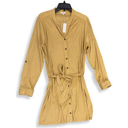 NWT Womens Tan Long Sleeve Belted Button Front Shirt Dress Size Large