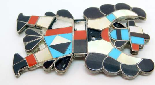 Artisan Zuni Snake Signed 925 Southwestern Faux Turquoise & Coral Mother of Pearl & Onyx Inlay Kachina Dancer Statement Brooch 13.2g image number 3