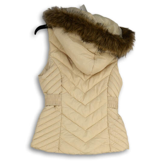 Womens Beige Fur Trim Hooded Sleeveless Full-Zip Puffer Vest Size Medium image number 2