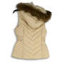 Womens Beige Fur Trim Hooded Sleeveless Full-Zip Puffer Vest Size Medium image number 2