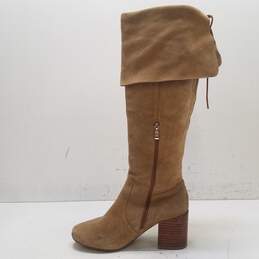 Matiko Tan Suede Tall Knee Fold Over Heel Boots Shoes Size 38 alternative image