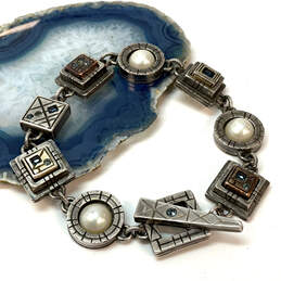 Designer Patricia Locke Silver-Tone Pearl Crystal Cut Stone Chain Bracelet