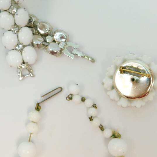 Vintage & Japan Silvertone White Milk Glass Beaded Necklace Rhinestones & Cabochons Bracelet & Aurora Borealis Crystal Flowers Brooch 119.5g image number 8