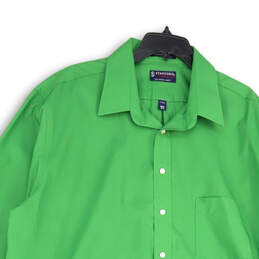 Mens Green Long Sleeve Collared Front Pocket Button-Up Shirt Size 18 1/2