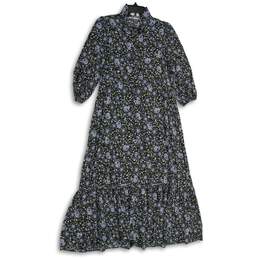 Zara Womens Black Blue Floral Collared 3/4 Sleeve Maxi Dress Size Medium