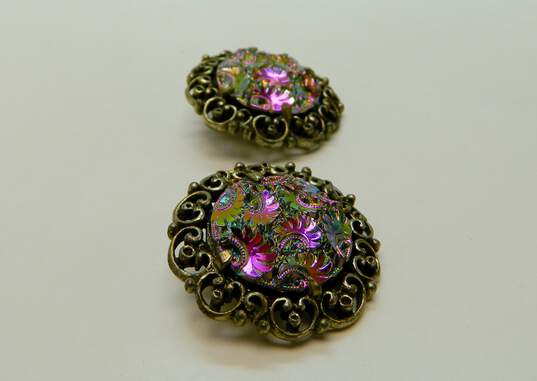 VNTG Signed Judy Lee Iridescent Filigree Clip Earrings image number 3