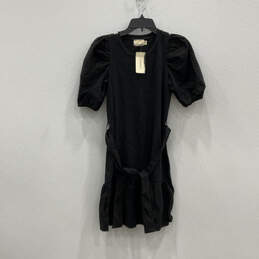 NWT Womens Black Crew Neck Short Puff Sleeve Belted Mini Dress Size XS