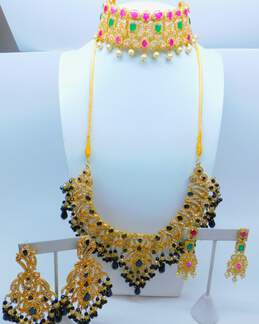 Indian Wedding Gold Tone Ruby & Green Black & Clear Crystal Wedding Jewelry 268.1g