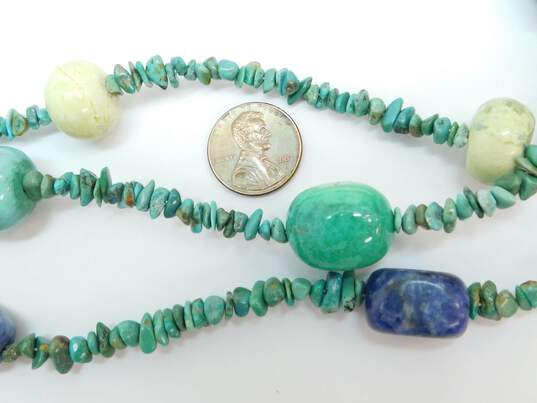 Artisan 925 Southwestern Turquoise Chips Serpentine & Sodalite Tumbled Beaded Multi Strand Necklace 185.1g image number 4