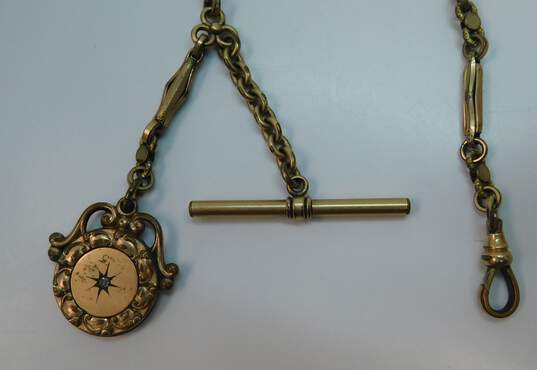 Antique Gold Filled Watch Chain With Rhinestone Accented Fob image number 3