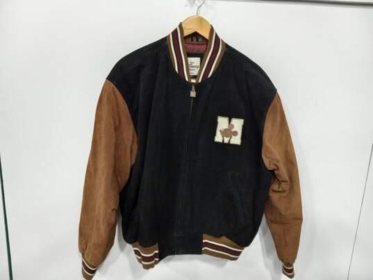 THE DISNEY STORE BLACK AND BROWN 1928 MICKEY MOUSE LEATHER BOMBER JACKET SIZE M image number 1