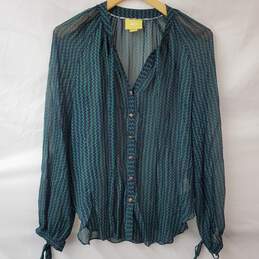 Maeve Button Up LS Green/Blue Shear Blouse Women's Small