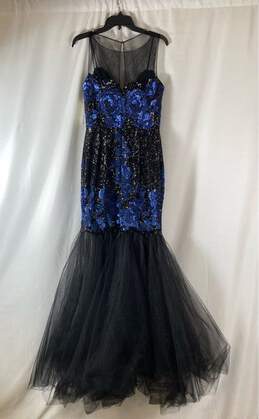 NWT Badgley Mischka Womens Blue Black Floral Sequin Mermaid Dress Size 10 alternative image