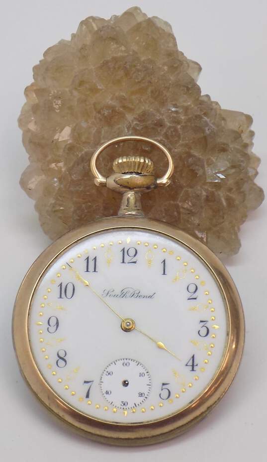 Vintage South Bend 17 Jewel Open Face Gold Filled Pocket Watch 79.9g image number 2