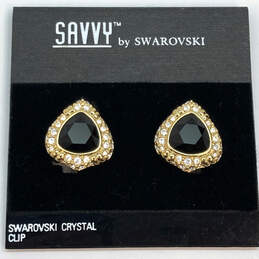 Designer Swarovski Gold-Tone Tear Drop Black Crystals Clip-on Earrings