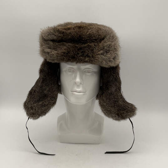 Mens Brown Fur Lined Front Brim Tie Classic Winter Trapper Hat Size 10 image number 1