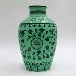 Vintage Asian Chinese Taiwan Ornate Floral Vine Pattern Green Pottery Vase Decor alternative image