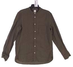 Men Brown Long Sleeve Collarless Button Up Pocket Dress Shirt Size Medium