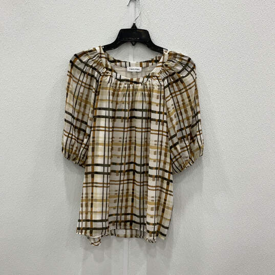 Womens Multicolor Plaid Puff Sleeve Round Neck Pullover Blouse Top Size M image number 1