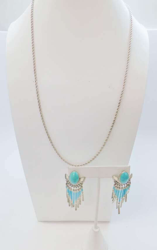 Southwestern Signed 925 Faux Turquoise Dangle Earrings & Rope Chain Necklace 20.9g image number 1