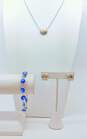 Artisan 925 Modernist Brushed Oval Pendant Necklace Chunky Concave Rectangle Post Earrings & Blue Glass Evil Eyes Linked Bracelet 23.7g image number 1