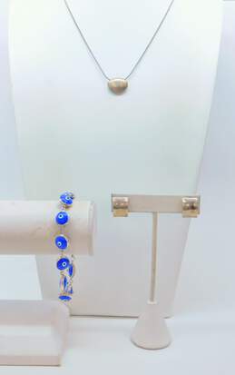 Artisan 925 Modernist Brushed Oval Pendant Necklace Chunky Concave Rectangle Post Earrings & Blue Glass Evil Eyes Linked Bracelet 23.7g
