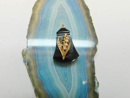 Antique 13K Yellow Gold Onyx Seed Pearl Charm Pendant 2.5g image number 1