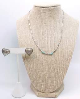 (G) Artisan 925 Southwestern Turquoise Liquid Silver Necklace & Heart Earrings