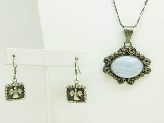 Artisan 925 Blue Lace Agate Pendant Necklace & Angel Earrings 24.9g image number 2