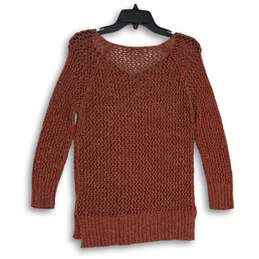 Womens Red Crochet Long Sleeve Side Slit V-Neck Pullover Sweater Size S alternative image