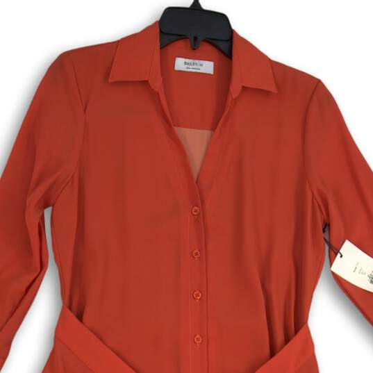 NWT Womens Orange Lace Hem Long Sleeve Collared Belted Hi-Low Shirt Dress Size S image number 3