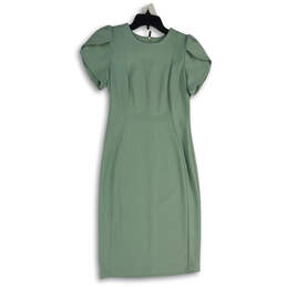 Womens Green Crew Neck Puff Sleeve Knee Length Back Zip Sheath Dress Size 4