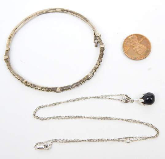 Judith Jack 925 Onyx Teardrop Pendant Necklace & CZ Marcasite Bangle Bracelet image number 7