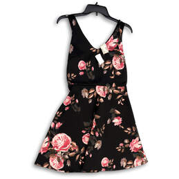 NWT Womens Black Pink Floral Sleeveless V-Neck Short Fit & Flare Dress Sz S