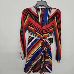 Multicolor Striped Long Sleeve V Neck Dress With Waist Sash
