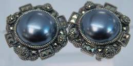 925 Judith Jack Pearl & Marcasite Omega Clip Earrings