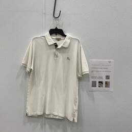 Burberry Mens White Tan Spread Collar Short Sleeve Polo Shirt Size L With COA