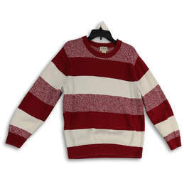 Mens Red White Striped Crew Neck Long Sleeve Pullover Sweater Size L-Reg