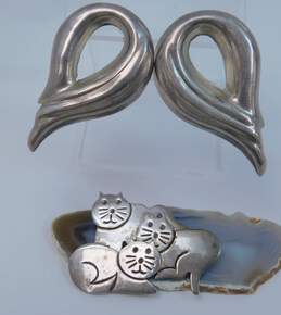 Taxco Sterling Silver Abstract Post Earrings & Cat Brooch 23.7g