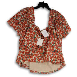 NWT Womens Red Green Floral Flutter Sleeve Pullover Cropped Blouse Size 1X alternative image